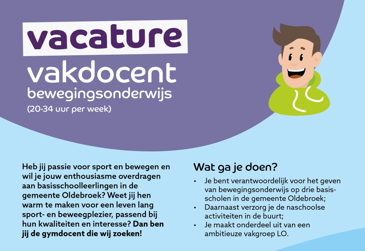 goedinbewegen's tweet photo. Heb jij passie voor sport en bewegen en wil je jouw enthousiasme overdragen aan basisschoolleerlingen in de @gem_oldebroek @Gemeente Oldebroek. Bekijk de vacature @goedbezigobroek ⤵️
https://t.co/JrQqR7E1nJ
#vacature #vakdocent #oldebroek #spelmaker https://t.co/Y0W4icJiXw