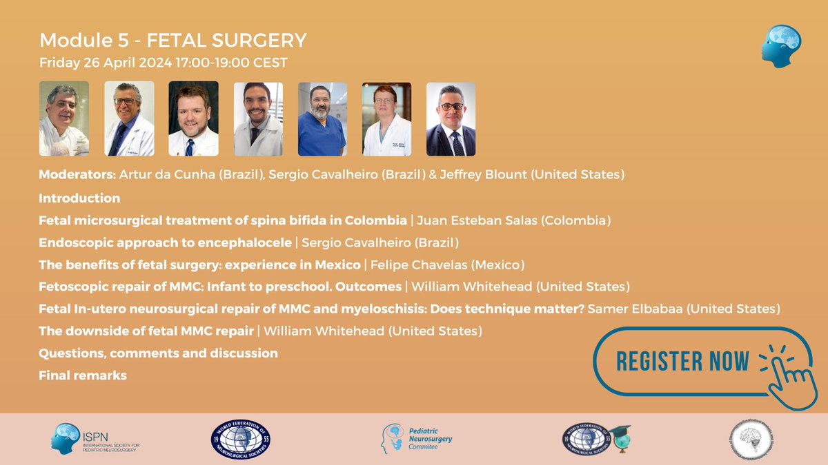 Just a few days left before the next module of our ISPN Young doctors webinar series - Register now, join us & learn from international experts in the field! 🧠 Fetal surgery 🗓️ Fri 26 Apr 17:00-19:00CEST 🔷 Register now: bit.ly/3JjSjk9 #YoungISPN #PedNSGY #FetalSurgery