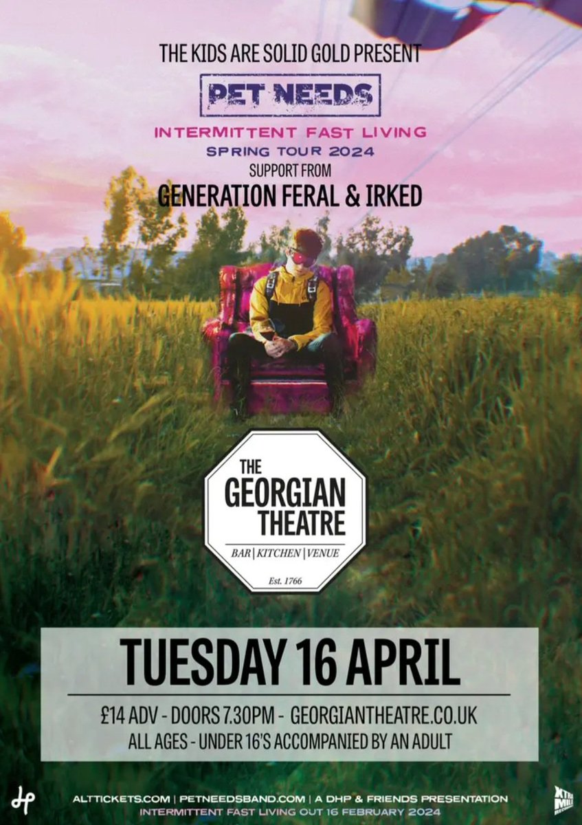 Stage times for Tuesday's @wearepetneeds show at @georgian_stcktn Stockton. First night of the tour! 7.00pm - DOORS 7.15pm - 7.45pm - PAGEANT MUM 8.00pm - 8.30pm - IRKED 8.45pm - 9.15pm - GENERATION FERAL 9.30pm - 10.50pm - PET NEEDS Tickets: seetickets.com/event/pet-need…