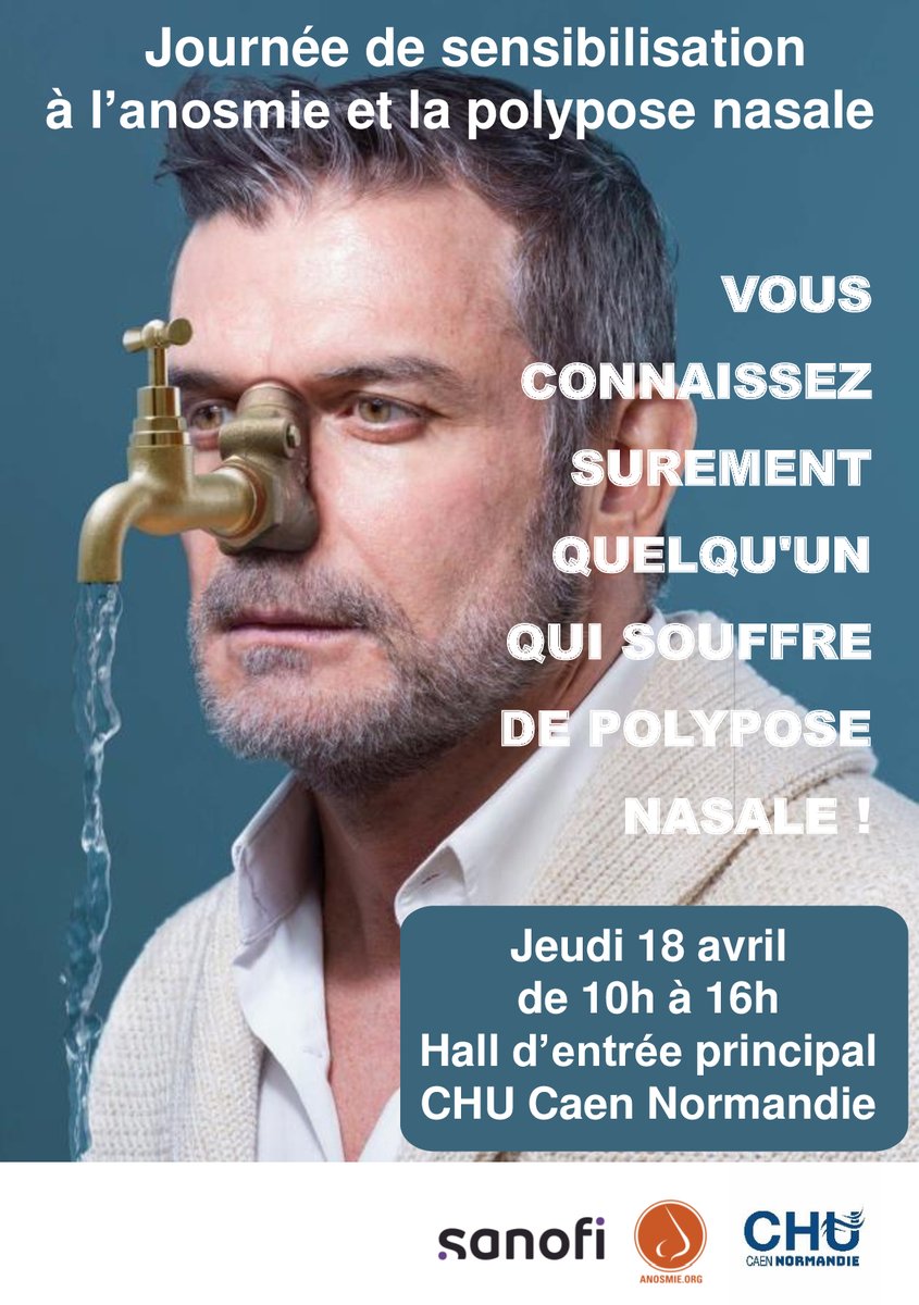 #Evenement - Le service ORL du @CHU_Caen organise une journée d’information sur la polypose nasale et l'#anosmie👃Nez bouché, maux de tête, altération ou perte d'odorat... pour en savoir➕sur les causes et les traitements, RDV👇 🗓Jeudi 18 avril ⌚10h-16h 📍Entrée principale
