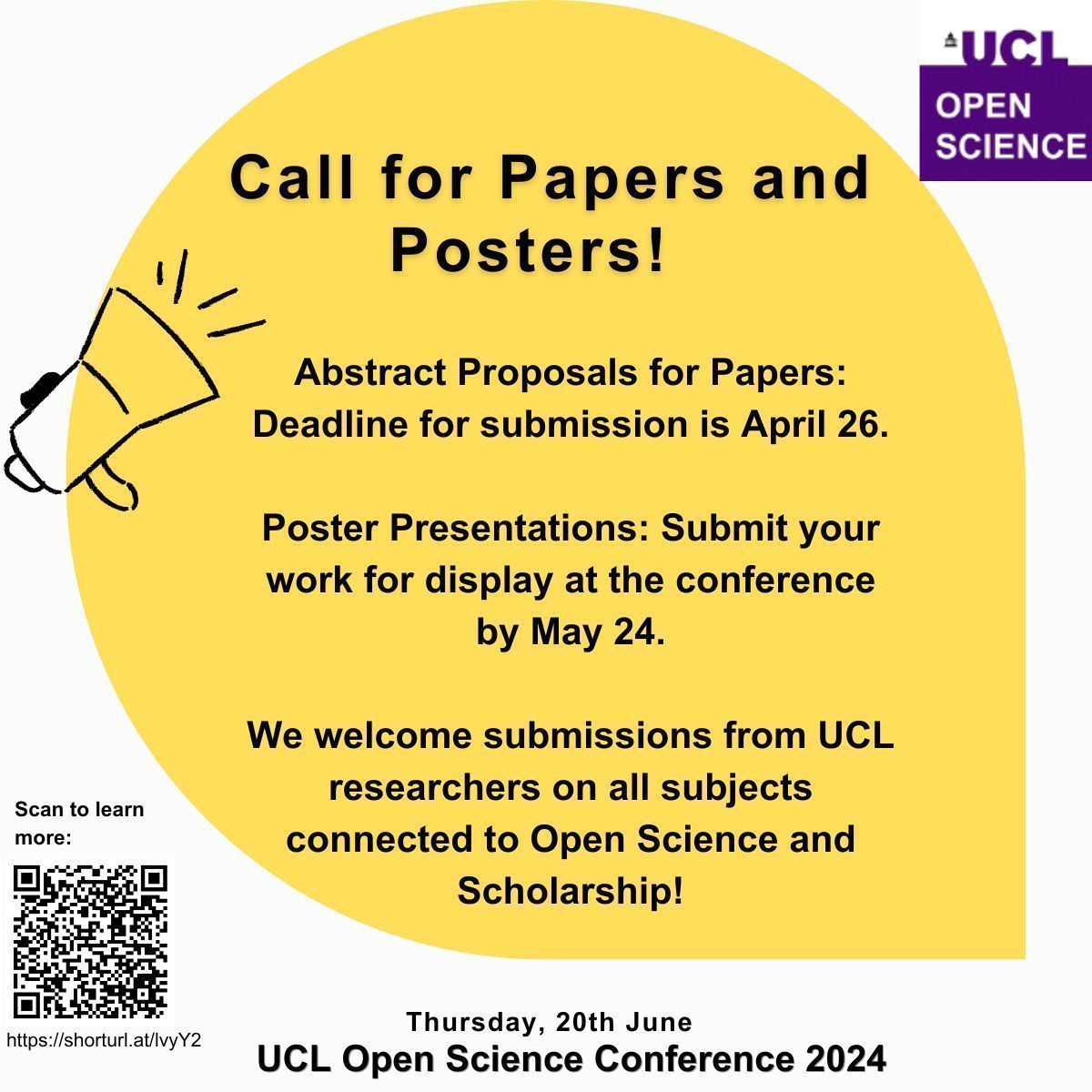 Join us at UCL Open Science Conference on June 20th! We're calling for papers & posters that highlight research at UCL championing Open Science & Scholarship principles. Submit abstracts by April 26 & poster proposals by May 24. More info: buff.ly/4arz7xa