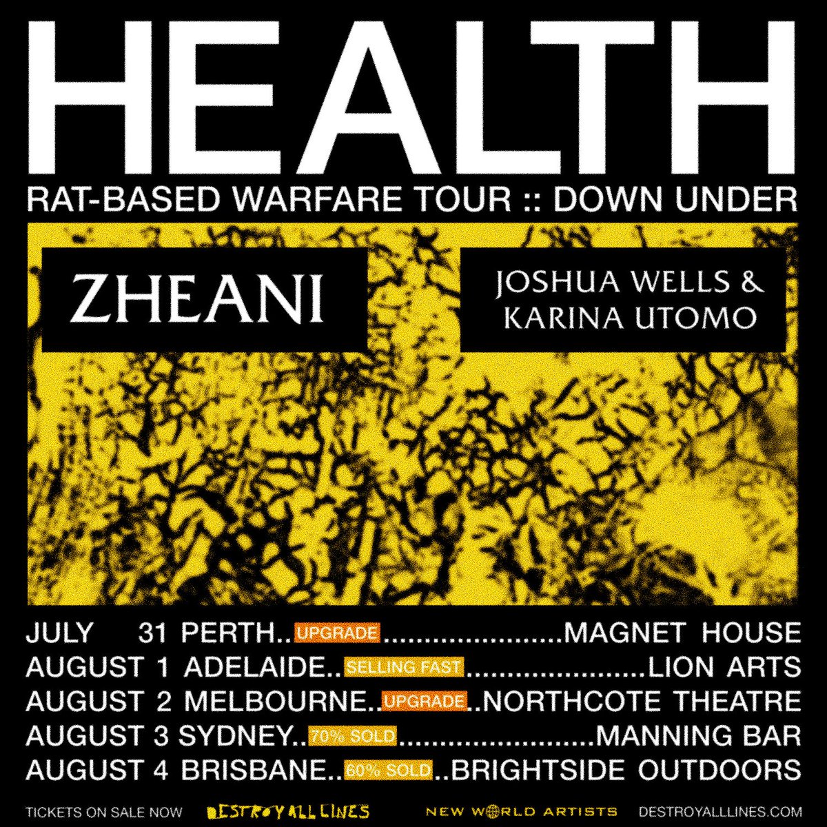 Attention Melbourne and Perth! Due to insane demand, the return of @_HEALTH_ will move to bigger rooms in your city! Perth will now take place at Magnet House. Melbourne heads to the Northcote Theatre. All existing tickets remain valid. Tix &Info ➟ daltours.cc/Health2024