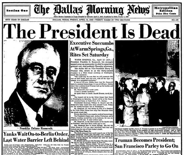 12 April 1945. Franklin D. Roosevelt died of a cerebral hemorrhage (aged 63). He’s regarded as one of America’s greatest presidents, introducing the New Deal, winning a record four consecutive Presidential Elections and leading the US to victory in WW2.