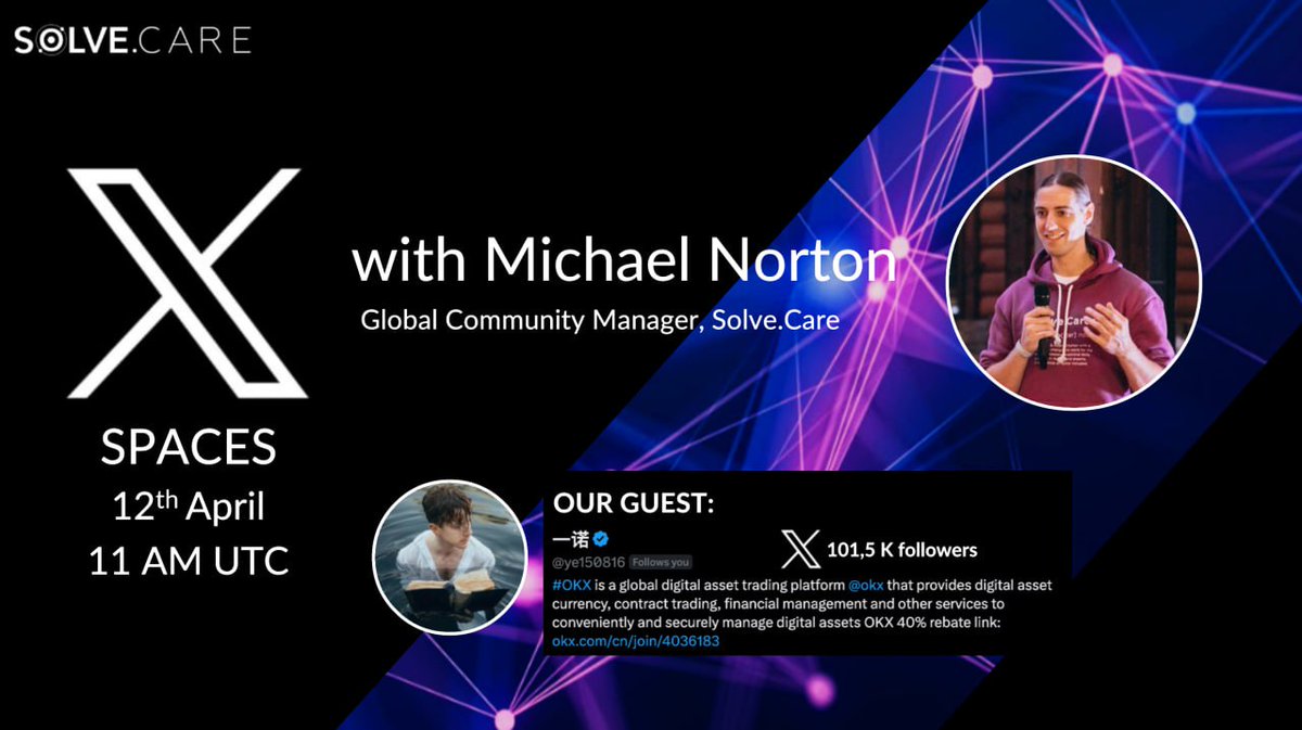 Get ready for the ultimate #blockchain showdown! Join @Solve_Care Global Community Manager extraordinaire, Mike Norton, and the one-and-only Yinuo for an epic discussion. 📅 April 12th 2024 ⏰ 11:00 AM UTC Find the Space here⬇️ x.com/i/spaces/1rmGP… #web3 $SOLVE