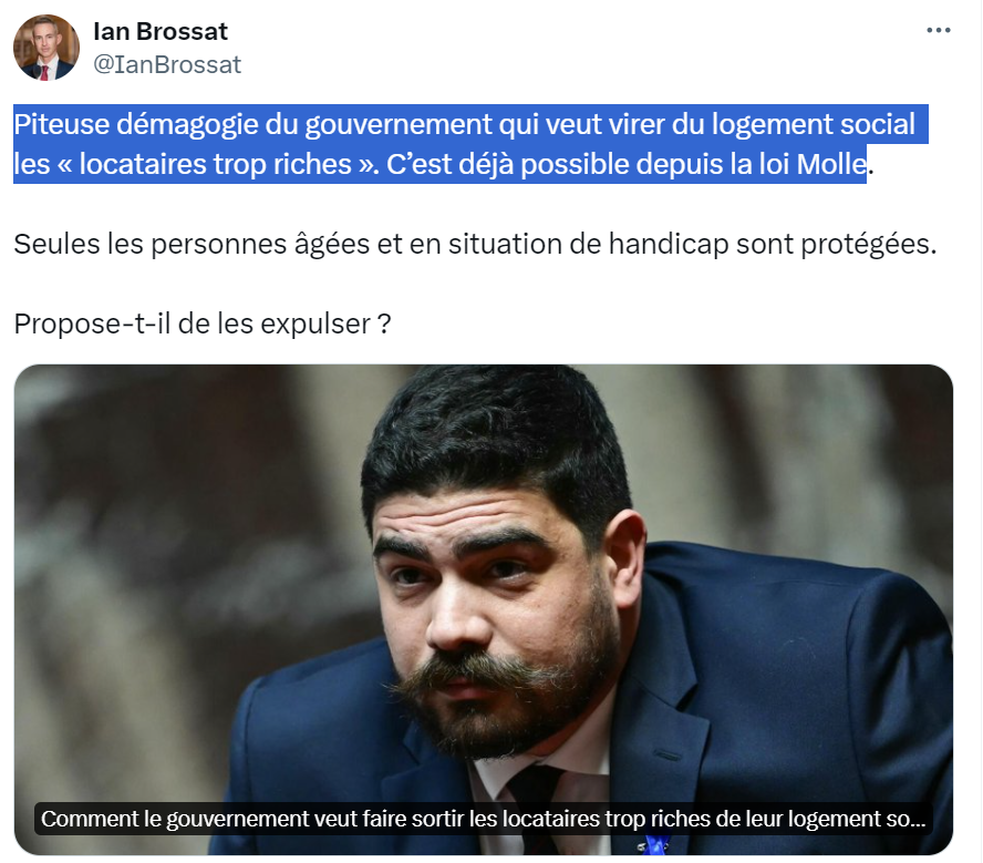 Le sénateur communiste parisien #IanBrossat au secours 'des riches' logés dans les logements sociaux ... Notez la pirouette du 'c'est déjà possible' versus 'on le fait déjà'.