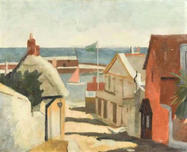 With the week-end in prospect, I thought I'd start today with one that might engender thoughts of a day by the seaside. This is 'Lyme Regis' by John Cooper from 1934/35. It is a view from Cobb Road towards the harbour & the Cobb which has barely changed in c.90 years! #LymeRegis