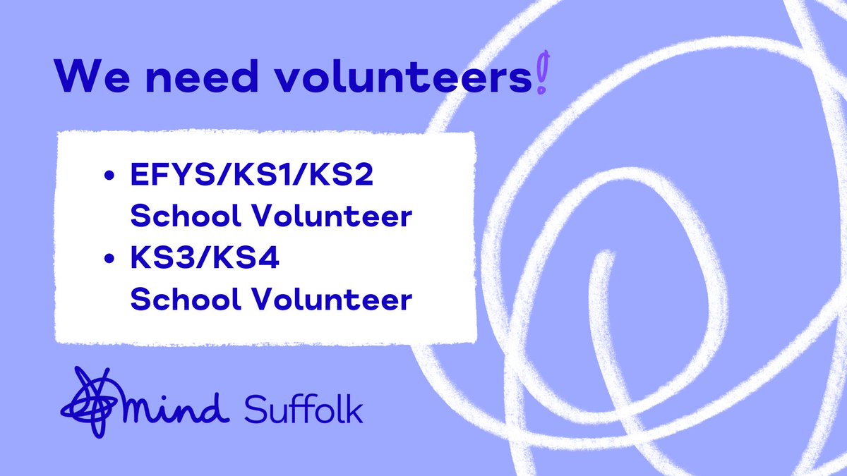 We need #volunteers! 📣 We're looking for volunteers to help deliver training in schools, especially those who can travel to #WestSuffolk. We need both EFYS/KS1/KS2 and KS3/KS4 volunteers. Check out the roles 👉 suffolkmind.org.uk/volunteering/#… #Volunteering #VolunteeringJobs