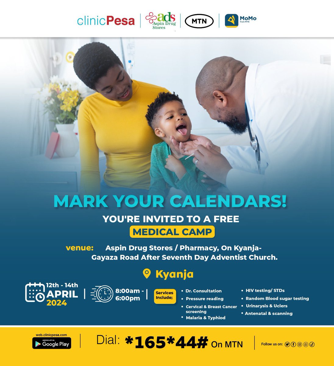 Y’ello Kyanja fam! Guess what? We are bringing the medical experts to you! From today until Sunday, 8am to 6pm, join us for a FREE medical camp. Get expert check-ups and consultations at no cost! Don't miss out! #MTNMoMo | #TogetherWeAreUnstoppable