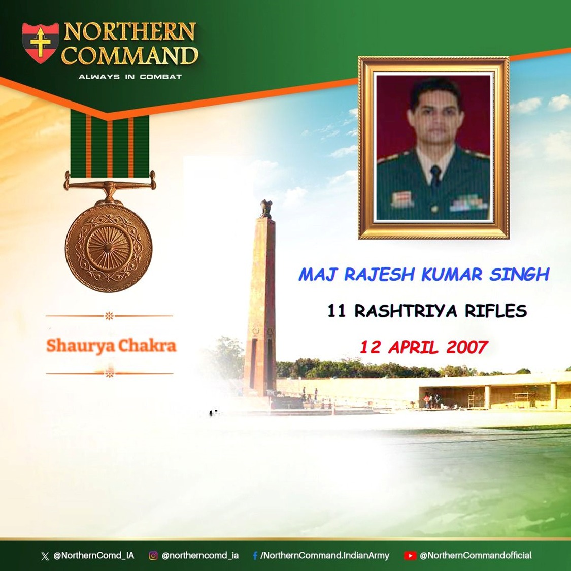 12 Apr 2007 #JammuAndKashmir Major Rajesh Kumar Singh displayed outstanding courage, leadership & camaraderie of the highest order while eliminating three terrorists in a bold & daring operation against terrorists in Doda District, J&K. Awarded #ShauryaChakra.…