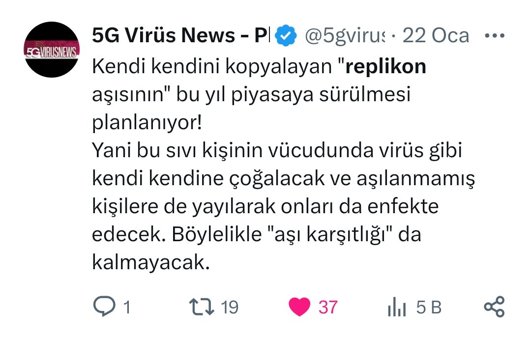 Google bakın... 'Replikon Aşılar' yazın... Bir tane haber bulacaksınız. O da 5gvirusnews de yayınlanan. Twitter da ise 22 Ocak 2024 tarihli bir paylaşım var. Yarın 'Replikon Aşıları' duyduğunuz da iş işten geçecek!