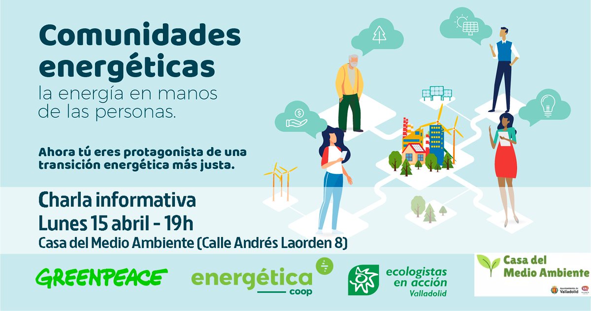 ¡Ahora tu eres el protagonista de la transición energética a través de las #ComunidadesEnergeticas! ¿Quieres saber cómo? Pues vente este lunes 15 de abril a las 19h a la #CasaDelMedioAmbiente a la charla que hemos organizado con @energeticacoop y @EcologistasVall #energia