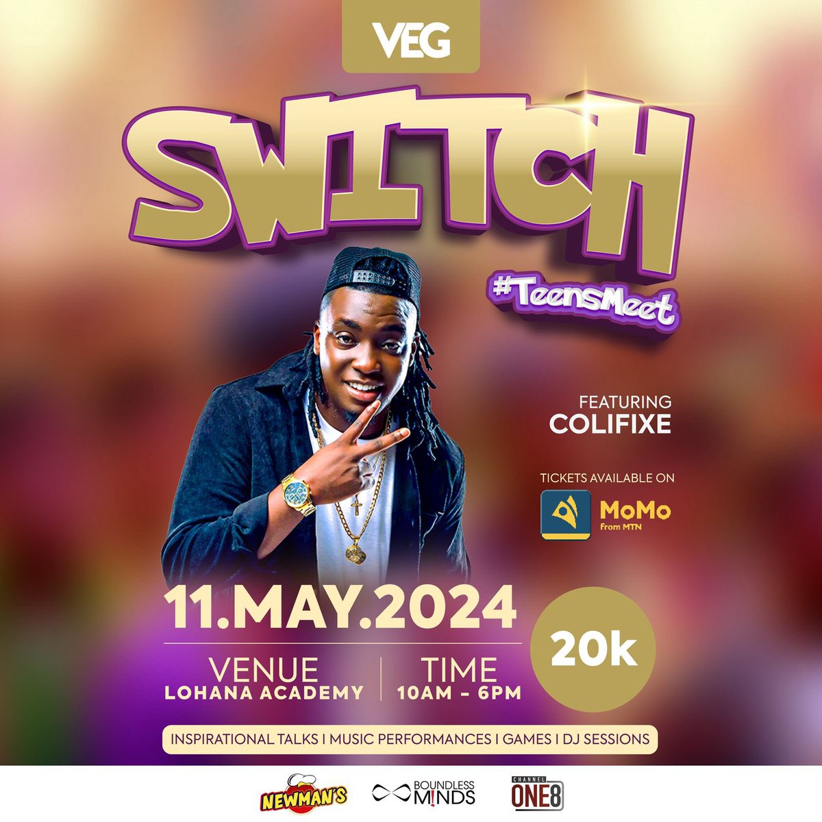 . Colifixe the urban gospel artist will be gracing the #Switch2024 stage with his energetic performances. Get tickets for your teens at only 20k using #MTNMoMo #TeensMeet
