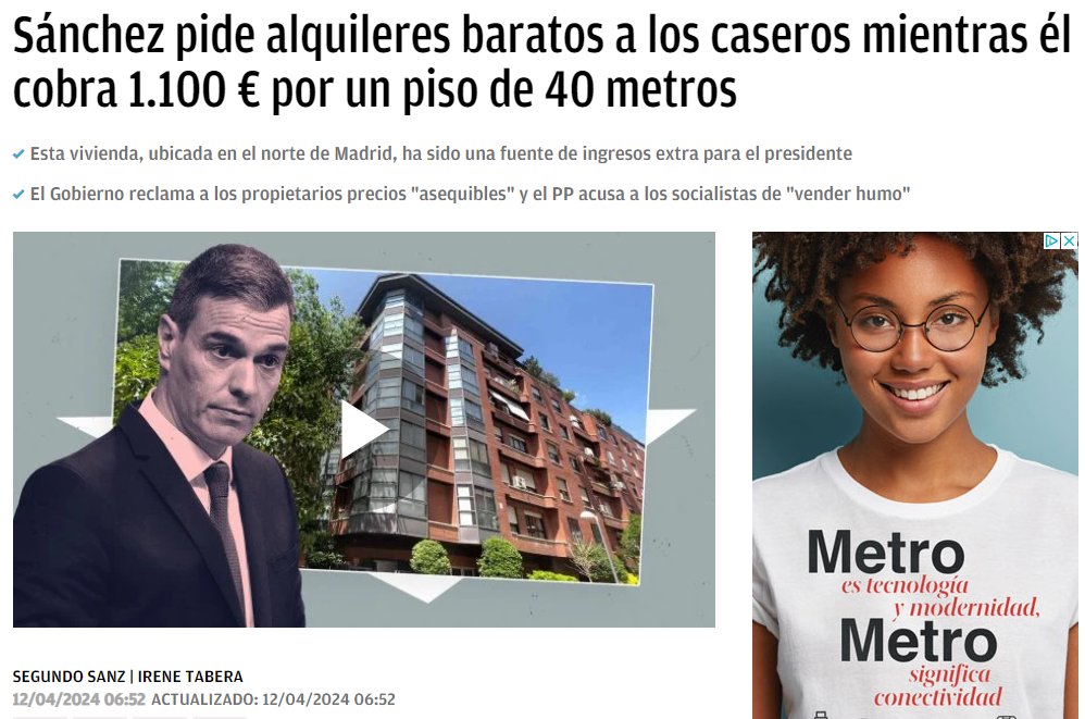 Pedro Sánchez quiere que pongas un precio de alquiler asequible para tu piso, pero él te cobra 1100 € por el suyo de 40m2, porque para un socialista es pecado predicar con el ejemplo.