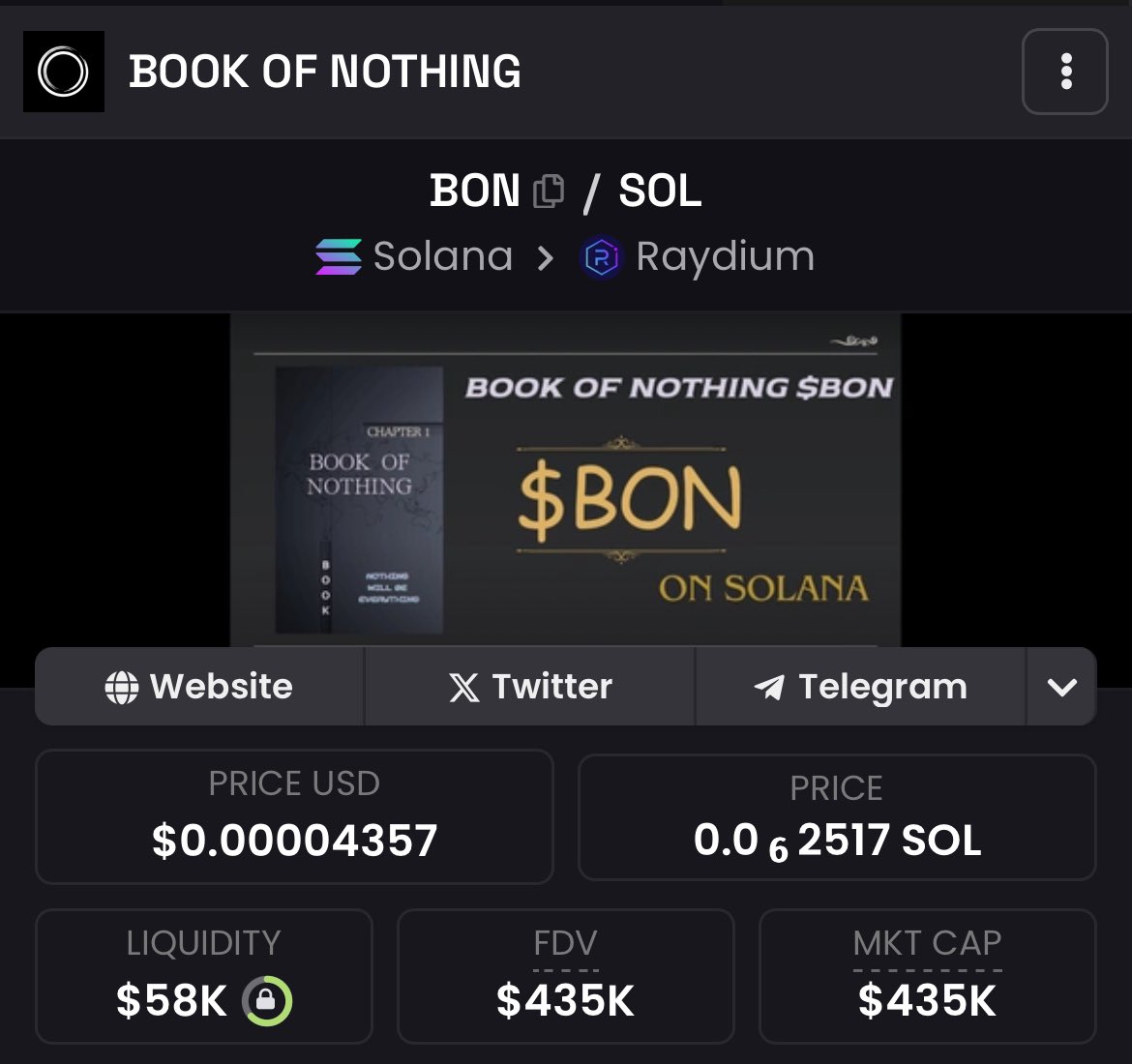 Just aped into $BON on $SOL at $400K Market Cap dexscreener.com/solana/9tzn4yw… LP burned & catchy name 'BOOK OF NOTHING' will send it to $100M club Chart will catch up ATH soon 🚀 Possible 250X to $100M MC 👀