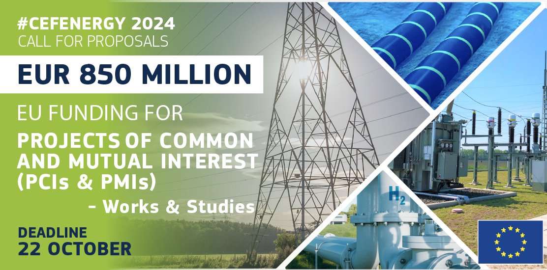 📣 New call for proposals under #CEFEnergy! The call for Works & Studies for #PCIs/#PMIs is now launched. That means €850 million available for #EnergyInfrastructure projects in #electricity, #smartgrids, #CO2networks and #hydrogen. More info 👉 europa.eu/!3dCgkK