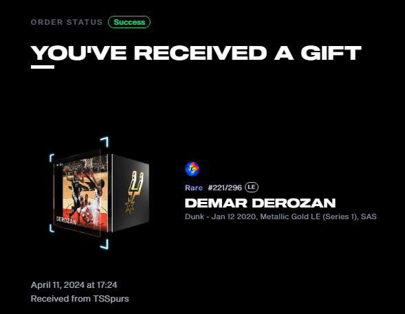 Thank you for the <a href="/NBATopShot/">NBA Top Shot</a> Derozan S1 MGLE! It's locked.