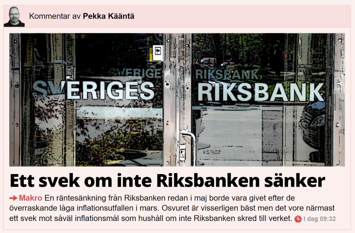 'Ett svek om inte Riksbanken sänker'. Min gamla kollega Pekka på Placera, tillika veteran på makroområdet, menar att en sänkning redan i maj borde vara given, efter det låga inflationsutfallet i mars. Han noterar även att bankens egna räntehöjningar är den stora boven (51,2% av…