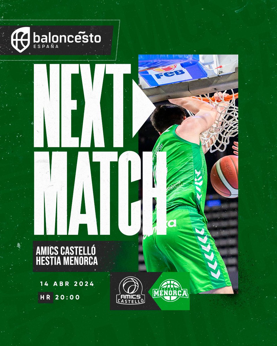 Next Match 👀

▶️ Jornada 30
🆚 @BasquetMenorca 
🗓️ 14/04/24
⌚ 20:00
🏟️ Ciutat de Castelló

#AmicsMenorca