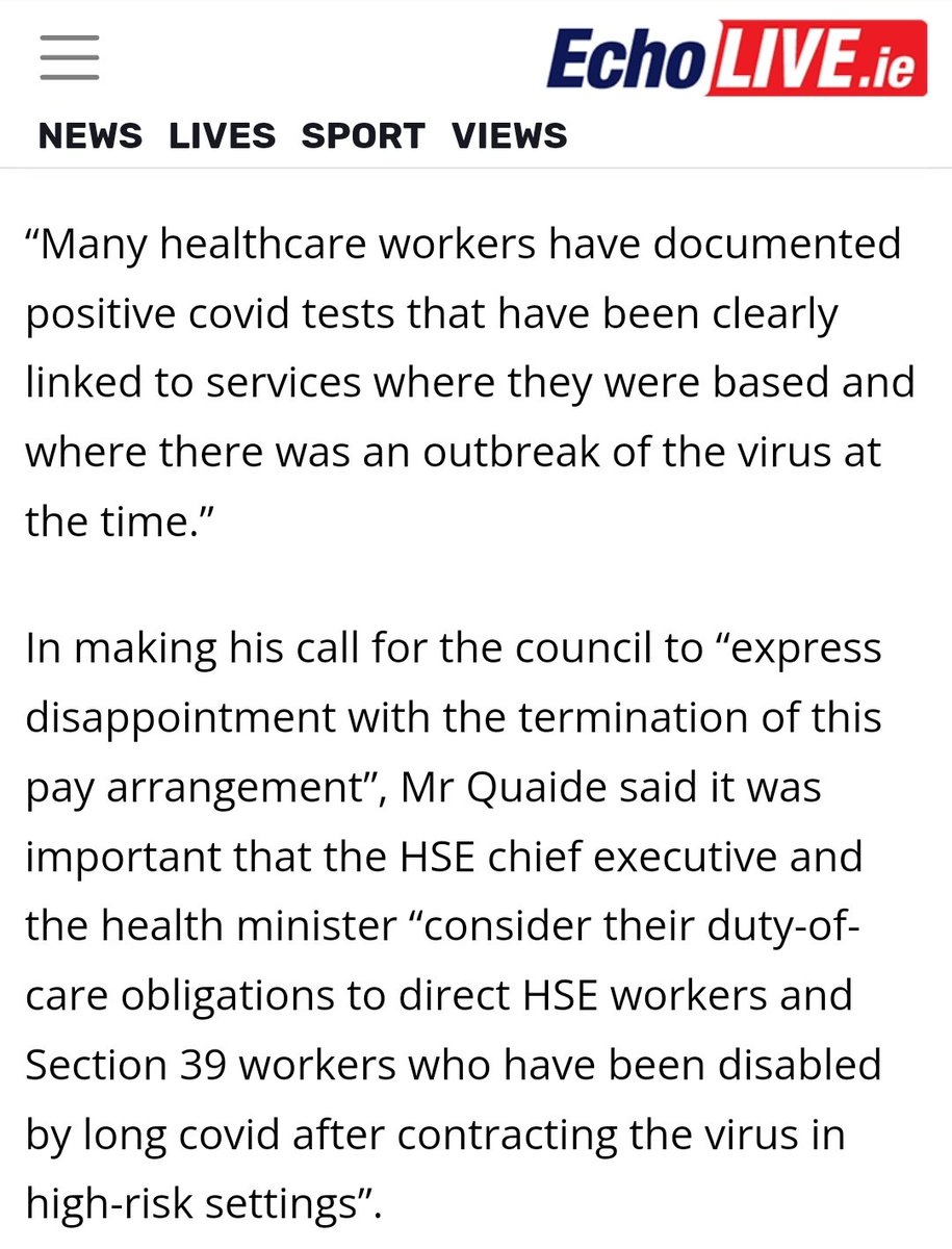 .@Corkcoco backs call for reversal of pay cut to healthcare workers with Long Covid. I asked @BernardGloster to meet a group of affected healthcare workers. They risked their lives to provide vital care at the height of the pandemic & are now discarded. echolive.ie/corknews/arid-…