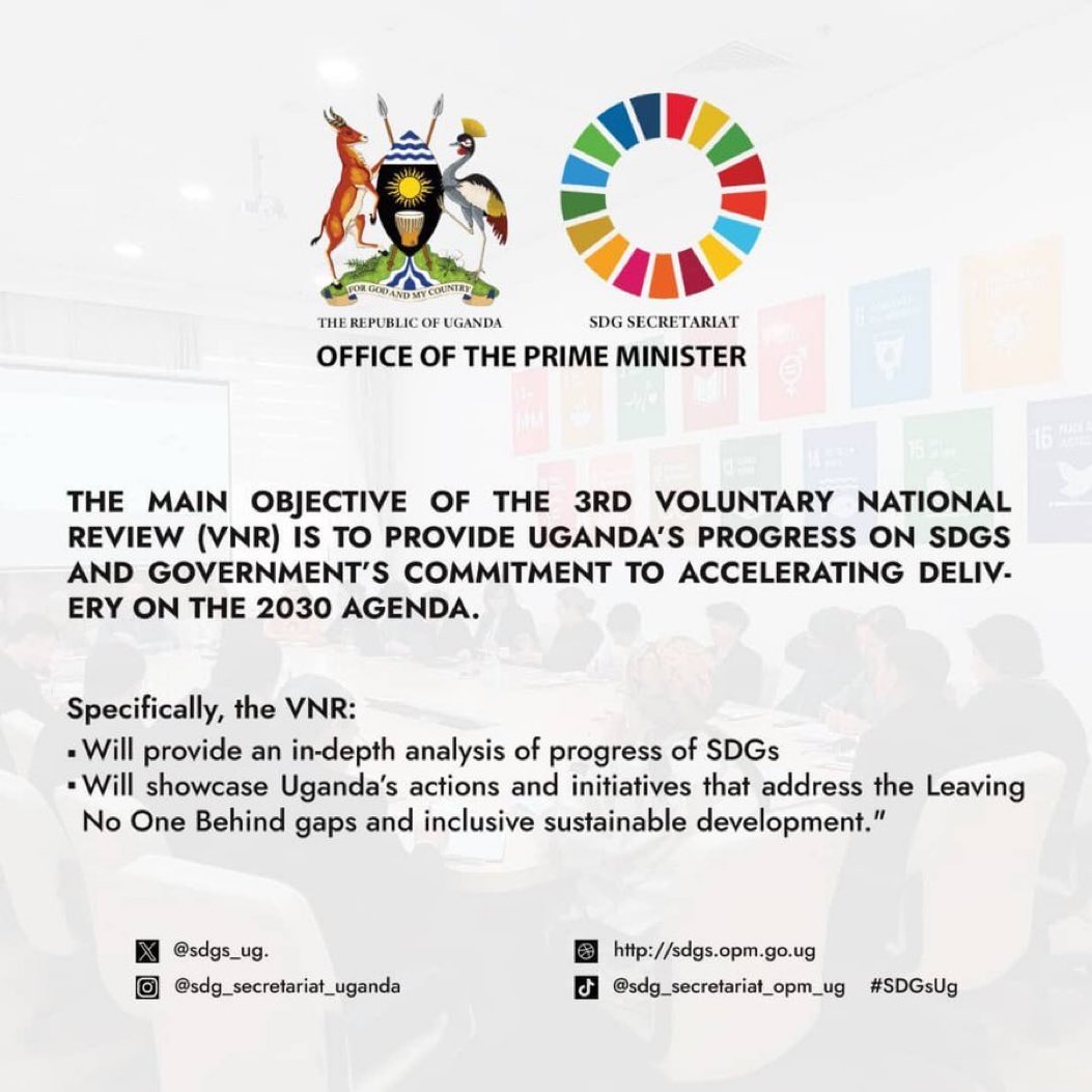 Uganda is conducting its third Voluntary National Review (VNR) to evaluate SDG implementation progress. Your participation is vital. Join via the link surl.li/shmzq. #Ug3rdVNR2024 #LeavingNoOneBehind