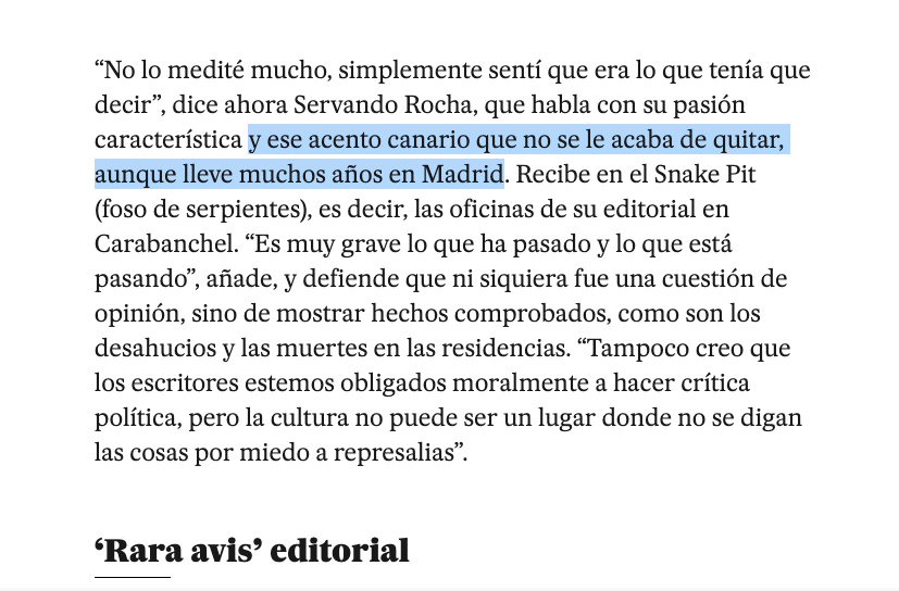 Mesetarians, no os coscáis de lo plano, vejatorio e insulso que hay en este tipo de comentarios. ¿Por qué habría de perder su acento canario, por muchos o pocos años que lleve donde sea?