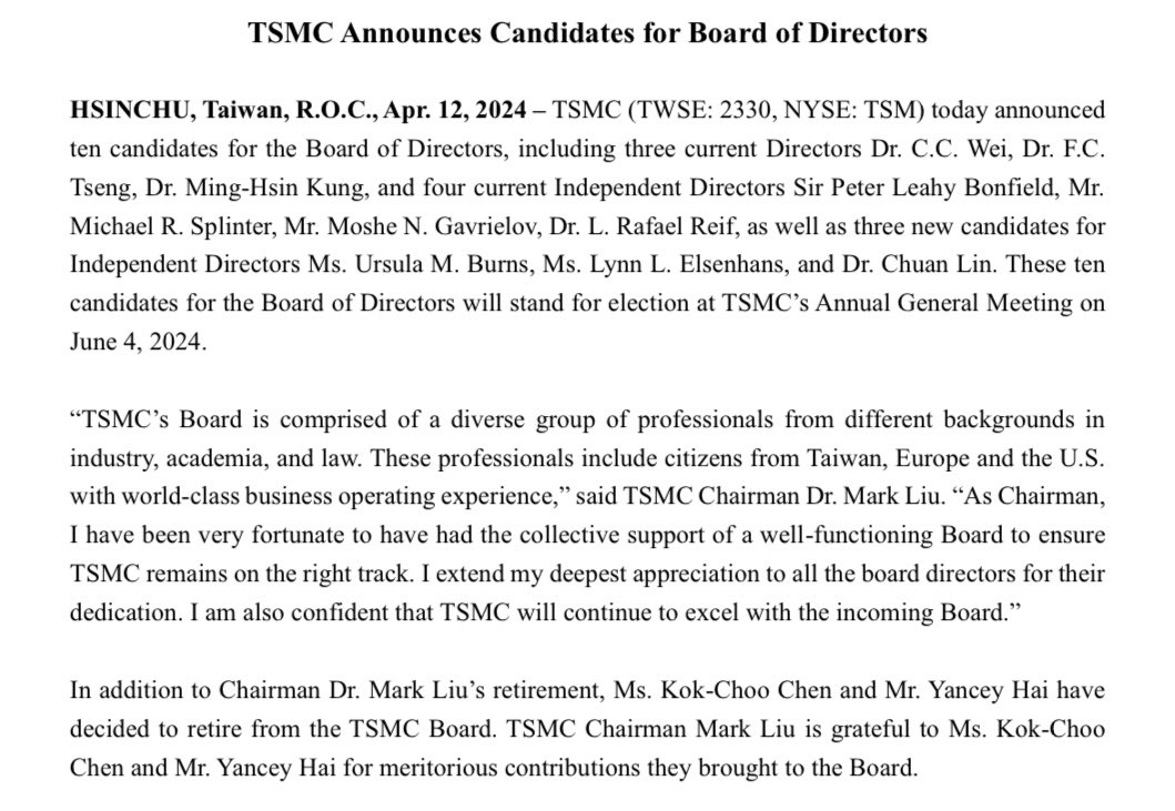 Just in - #TSMC just announced their new candidates for board of directors. What’s worth noted is that Ursula M. Burns has served as Vice Chair of the U.S. Department of #Commerce’s Advisory Council on Supply Chain Competitiveness.