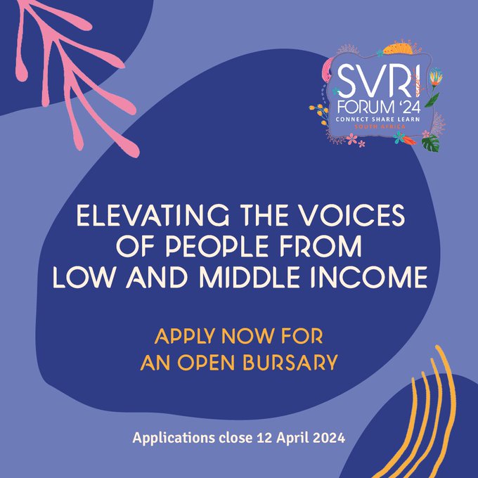 TODAY: Last day to apply for the #SVRIForum2024 bursary. Applications open to people working on #VAW & #VAC, + other forms of violence driven by gender inequality. 📌Closing date: TODAY, 12 April 2024, 5pm SAST. 🔗 svriforum2024.org/bursaries/