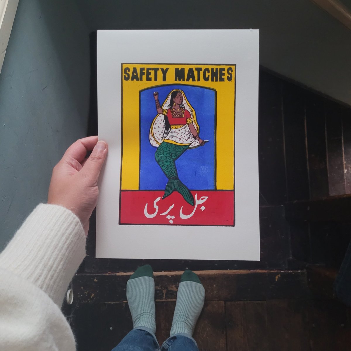 Sunbul_Akhtar's tweet photo. I spy my matchbox prints in this poster for the @N10Creatives Makers Fair.
I started this series after hearing the Urdu word for mermaid and wanted to reimagine mythical creatures as Urdu speakers in the bright, glaring colours of #MatchboxArt
This one in my hand is a #TestPrint https://t.co/0Nps2IYi3U