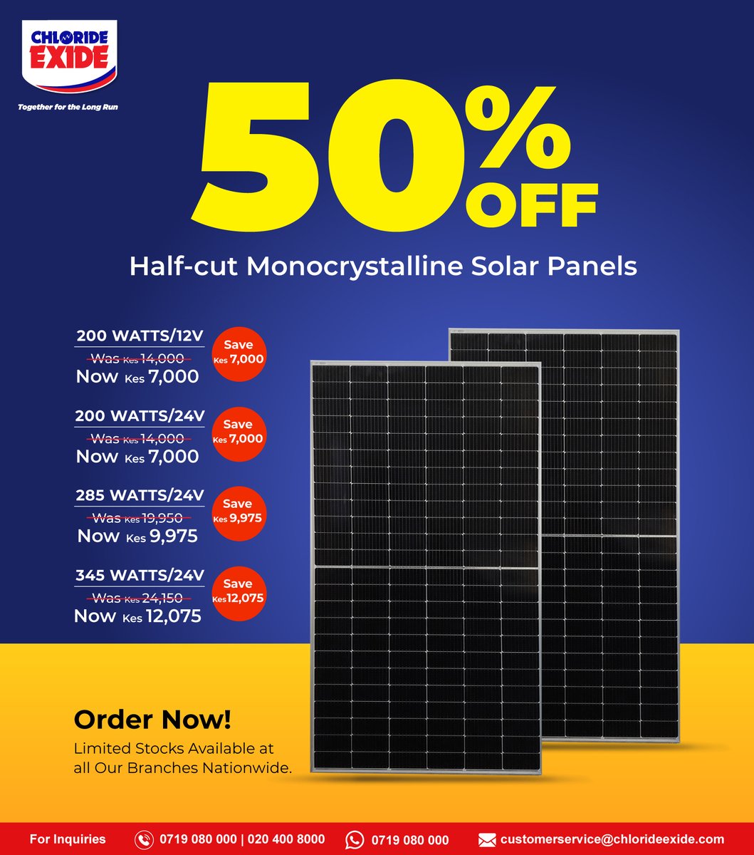 chloridesolar's tweet photo. Unbeatable 50% discount on our high-efficiency monocrystalline solar panels. 

We are solar energy experts, call us for more information.

#ChlorideExide #SolarPanels #SolarEnergy #GoingGreen #RenewableEnergy #Sustainability #WeKnowSolar #ChlorideSolar #TogetherForTheLongRun https://t.co/mEY4aGUs6n
