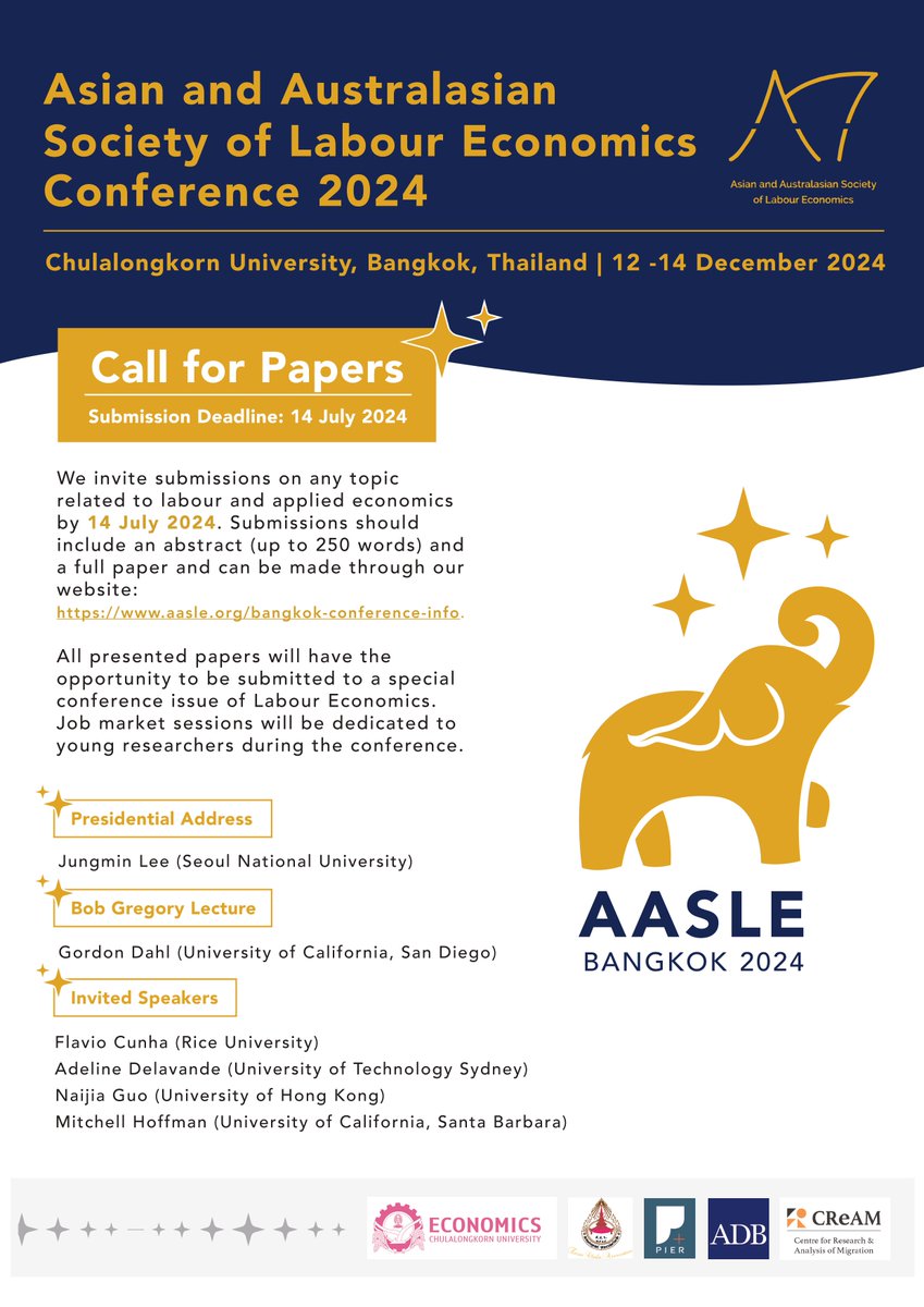Call for Papers AASLE 2024 Conference in Bangkok, Thailand 12-14 December 2024! We invite submissions on any topic related to labour and applied economics. Paper submission deadline is 14th July 2024. More information here bit.ly/aasle2024bangk… #EconTwitter