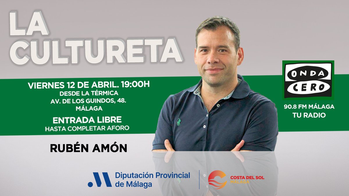 ¡Es hoy! 📻 @LaCultureta de @OndaCero_es, con Rubén Amón, llega hoy a #LaTérmica. 🗓️ Acompáñanos esta tarde a las 19.00 horas. 😉 Recuerda, la entrada es libre hasta completar aforo.