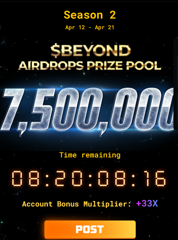 SEASON 1 OF <a href="/PlayGroundCorp/">PlayGround</a> has ended, and now we are in season 2! Engage here for my 33x Multiplier.
LIKE + RT + REPLY + QUOTE $BEYOND.

$PARAM $MOJO $BUBBLE $COOKIE $TRIP $PIXIZ $SOMO