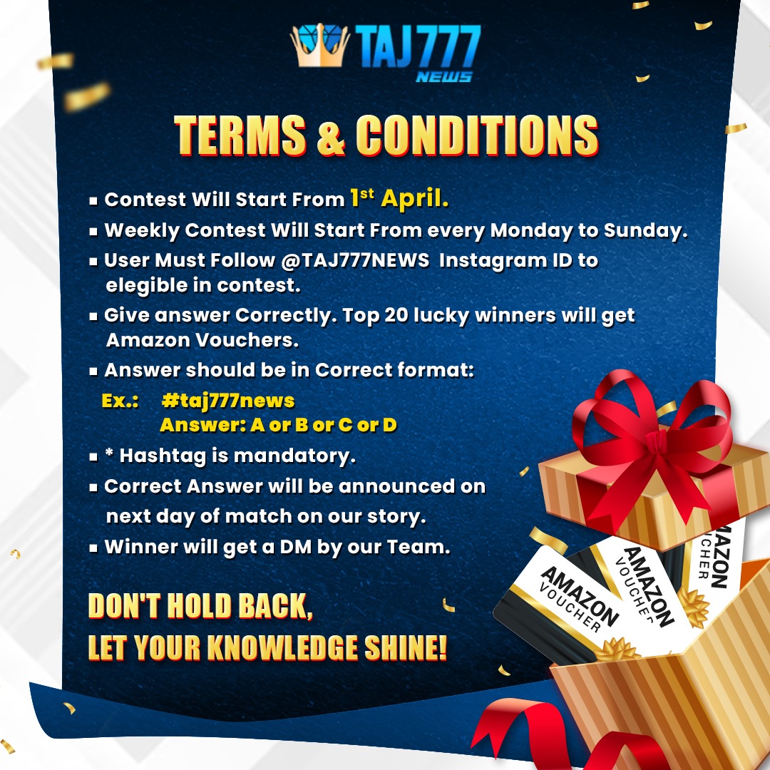 Ready to dive into some IPL excitement? Test your IPL knowledge in our fun quiz game and stand a chance to win awesome prizes!

#taj777news #iplquiz #quiztime #quizcontest #quiz