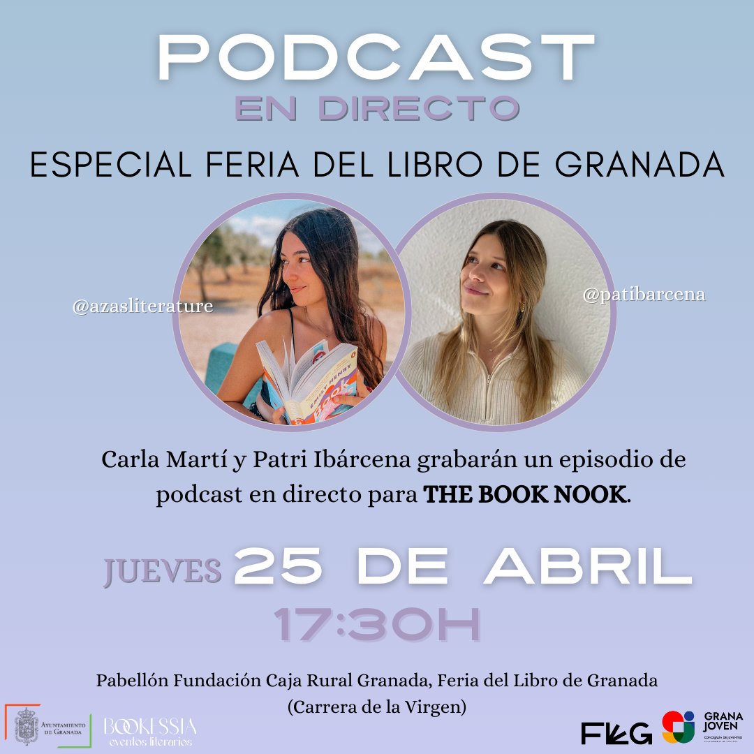 Granajoven apoyando la literatura juvenil, y con presencia en la Feria del Libro de Granada. Jueves, 25 de abril a las 17:30 en el Pabellón Caja Rural Granada de la Feria, PODCAST en DIRECTO de @azasliterature y @patibarcena ¡¡no te lo pierdas!! @aytogr #ferialibrogranada