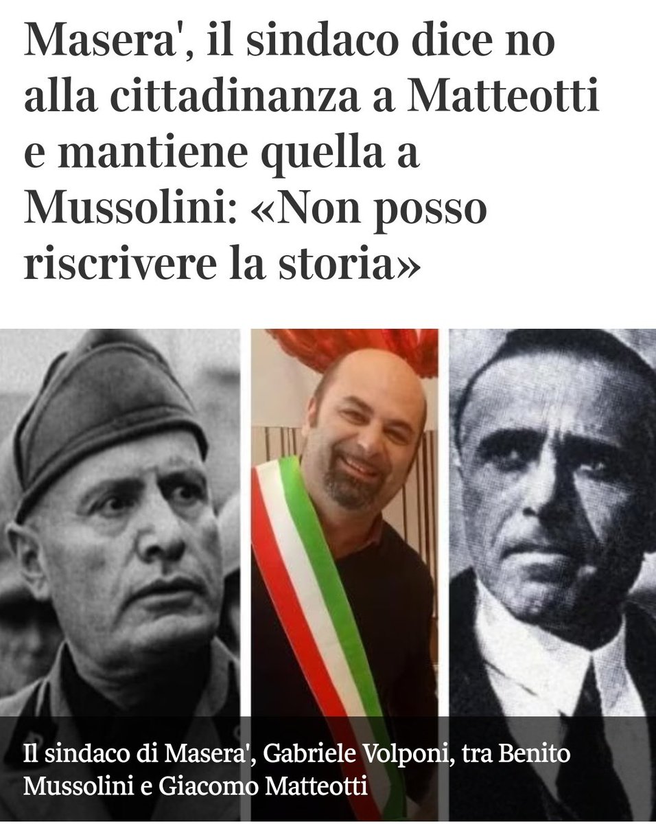 A Maserà, il comune di Padova, la proposta di revocare la cittadinanza onoraria a Mussolini e assegnarla a Matteotti è stata respinta durante l'ultimo consiglio comunale, con la maggioranza che si è astenuta dal votare. Matrice?