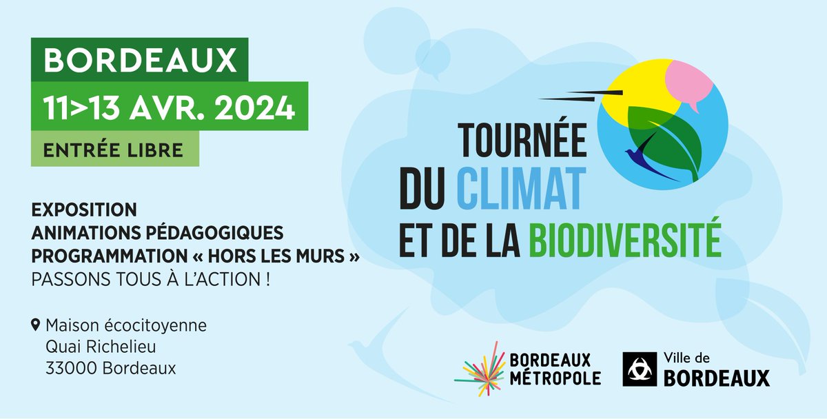 🌿🌍 Ne manquez pas la Tournée du Climat et de la Biodiversité à Bordeaux ! Découvrez l'exposition inspirante jusqu'au 13 avril. 👉En savoir plus sur le programme : tourneeclimatbiodiversite.fr/bordeaux/