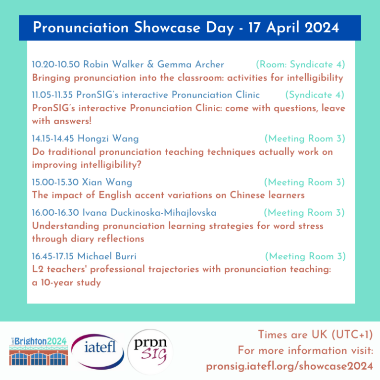 Attending #IATEFL2024 in Brighton?

Don't miss our #PronSIG #showcaseday! 🤩

5 talks and an interactive #pronunciation clinic lined up. 🎤

Come with questions, leave with answers! 🤔

More info here➡️➡️pronsig.iatefl.org/showcase2024/