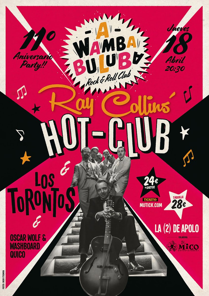 El dijous 18 d'abril A Wamba Buluba Club celebra 11 anys a l'Apolo! 🎂​Encapçala el concert la big band alemanya Ray Collins' Hot-Club + rhythm n'blues barceloní de Los Torontos + Oscar Wolf & Washboard Quico 🎷🩵​Rock n'roll, blues i swing a dojo! 🎟️​bit.ly/ray-collins-ho…