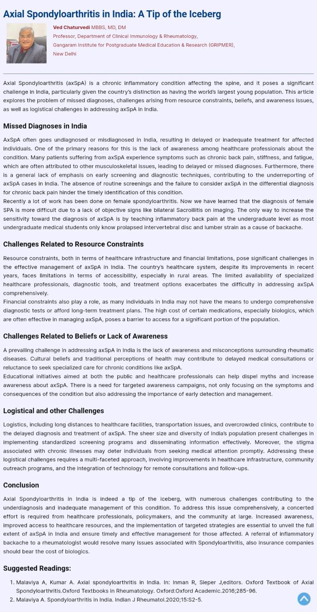 Read about the scenario of axial #spondyloarthritis in India from our foremost expert on the #SpA 'Dr Ved Chaturvedi'
#ankylosingspondylitis #spondyloarthropathy

Happy reading !

Check out the complete issue on iraenl.com
#rheumatologyupdate #iraenewsletter