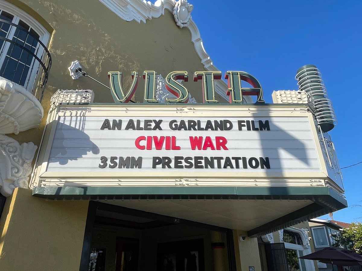 Now, playing at The Vista Theater, our special 35mm engagement of Alex Garland's CIVIL WAR!!! Come and experience this great motion picture on the big screen!! Get tickets on our website and in-person at our box office. The weeks Showtimes are: 2:15pm 5:30pm 8:45pm #a24