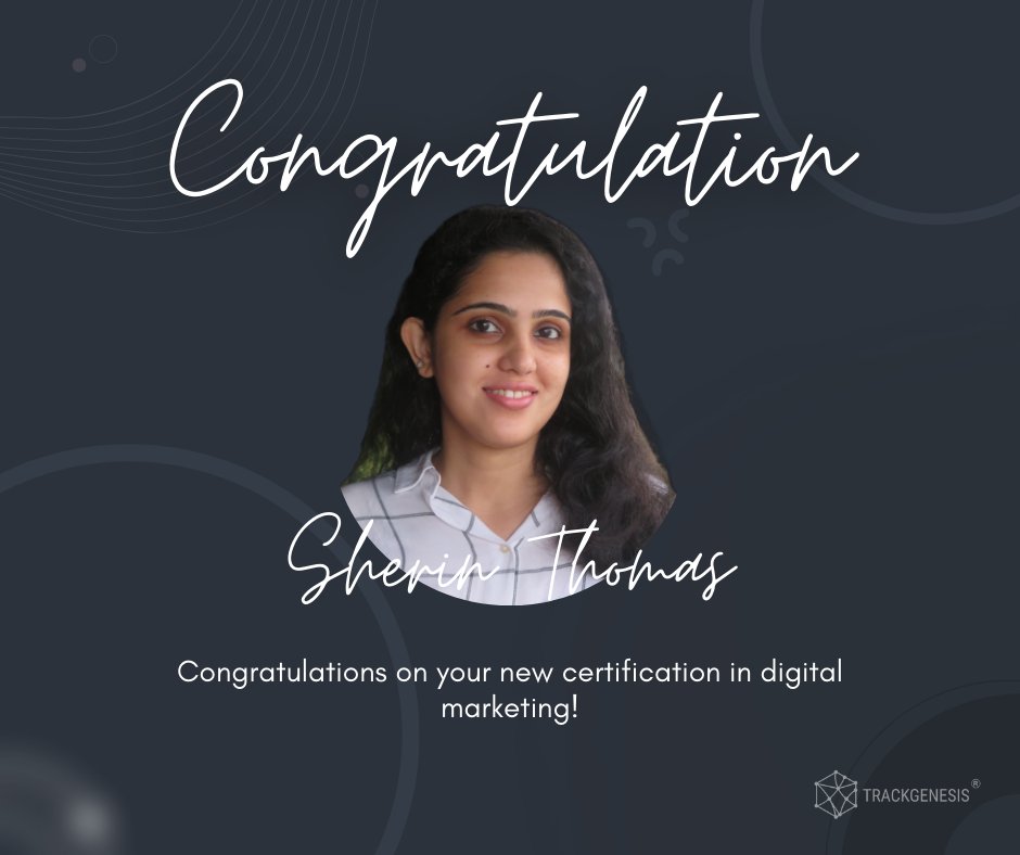 🎉Huge congrats to Sherin Thomas on achieving certification in Digital Marketing Masters Course from @clearmycourse Institiute!

#trackgenesislife #proudteam #continouslearning #certification #professionaldevelopment #scottishbusiness #digitalmarketing #digitalmarketer