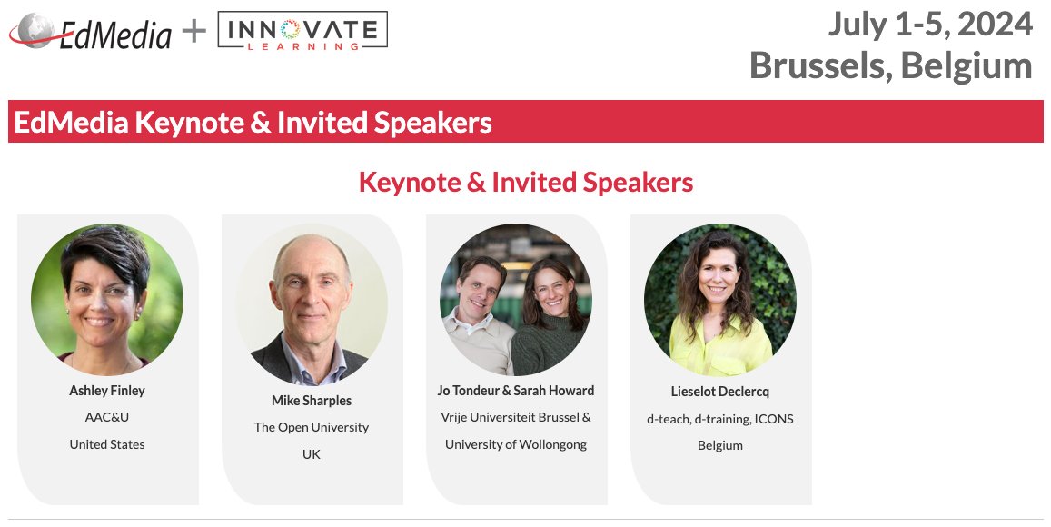 Interesting keynotes at the #EdMedia24 + #Innovate Conference ;-) W/ strong focus on #AI in #education Looking forward to meeting you all in #Brussels! For more info: aace.org/conf/edmedia/o… #edtech #edchat #ArtificialIntelligence #highered #VUB @OpenUniversity #digital #AACE
