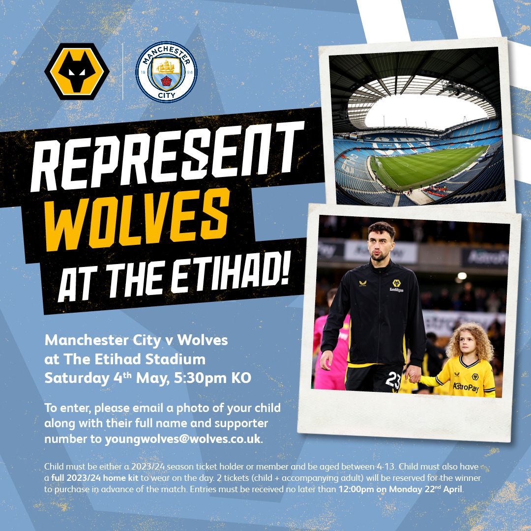 How would you like to represent @Wolves for our @premierleague fixture against @ManCity 🔵 Please see post for full entry details. Exclusive to junior STH & members. Entries must be received no later than 12pm, Monday 22nd. Only the winner will be contacted ⏰💛