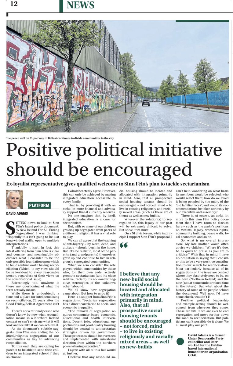 This is a significant piece by Davy Adams in the @irish_news “Positive political leadership & example-setting should be welcomed. These are vital if we are ever to end segregation & move further down the road to reconciliation.”