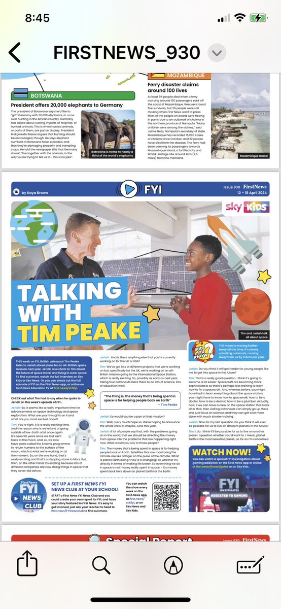 An all British mission to the @Space_Station is the exciting news revealed by @astro_timpeake to young presenter Jeriah on @FYI_SkyTV @SkyNews and on the front page of @First_News! Watch at first.news/educationTV ep261. @esa @spacegovuk @Axiom_Space