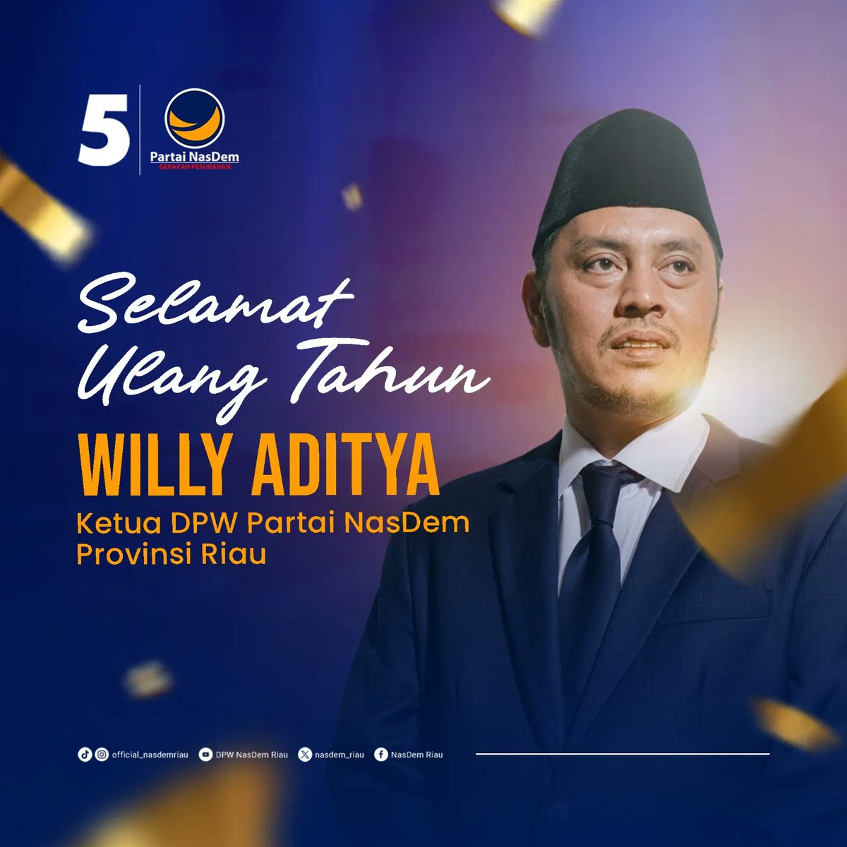 Selamat Ulang Tahun Kakak @adityawilly
Ketua DPW Partai NasDem Provinsi Riau. 

'Semoga senantiasa diberi kesehatan dan keberkahan dalam menjalani kehidupan'

Tetap semangat bergerak untuk mewujudkan Restorasi Indonesia. 

#UlangTahun #PartaiNasDem #NasDemRiau #SukaCita