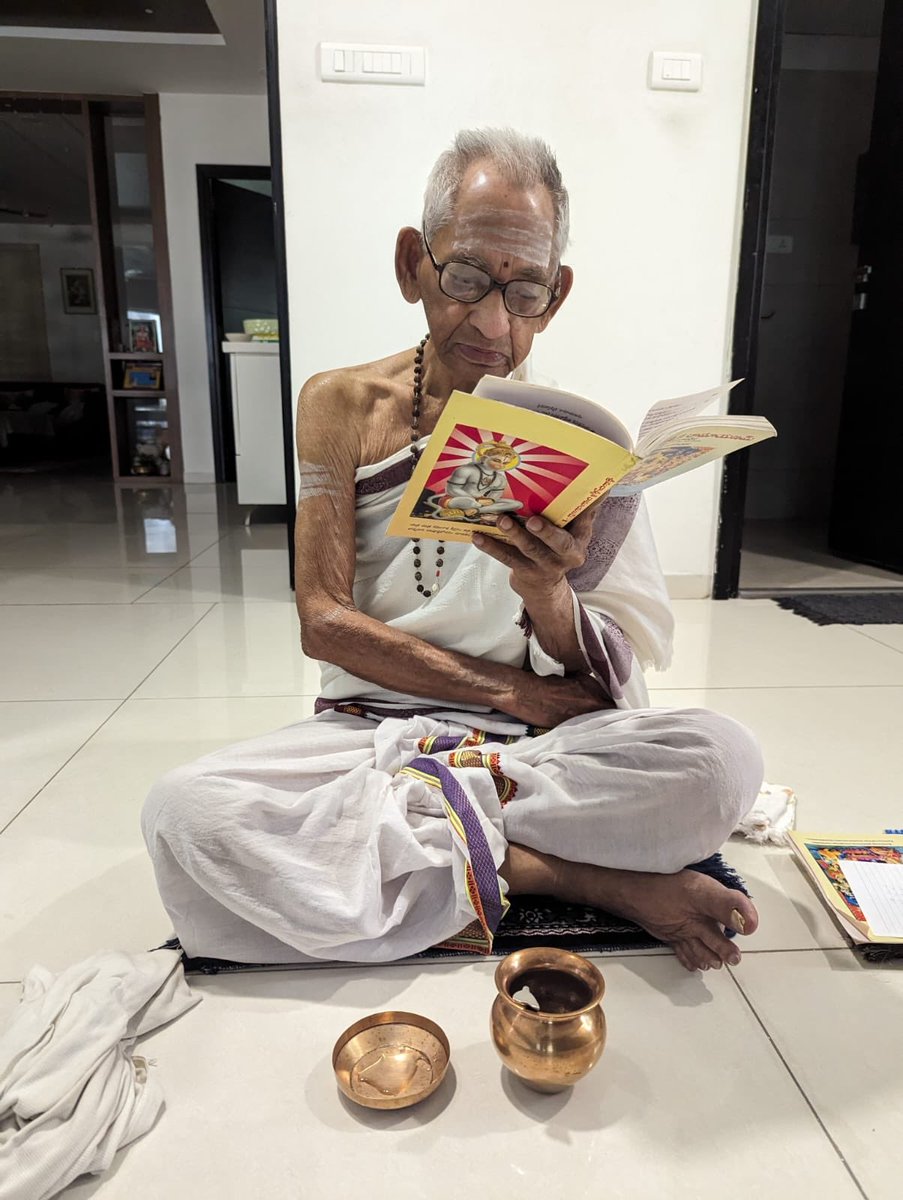 Father, aged 90, is doing 3rd day parayana of complete Ramayanam. Completes parayana in 20 days. After his retirement as headmaster, he is into spiritual living, with trikala Gayatri, parayana of pothana Bhagavatham,Gita, Mahabharatam & chanting of vedasuktams. @Sai_swaroopa