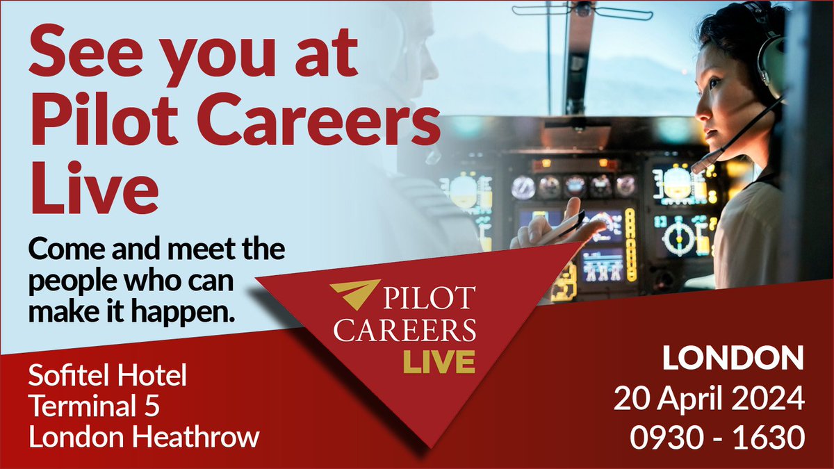 📣 @pilotcareerlive is next weekend! The show takes place on Saturday 20 April, at the Sofitel Hotel, T5 Heathrow Airport. If you are attending the event, stop by our stand to say hi. Find out more about Pilot Careers Live and how to buy a ticket ➡️ pilotcareernews.com/live/london-20…