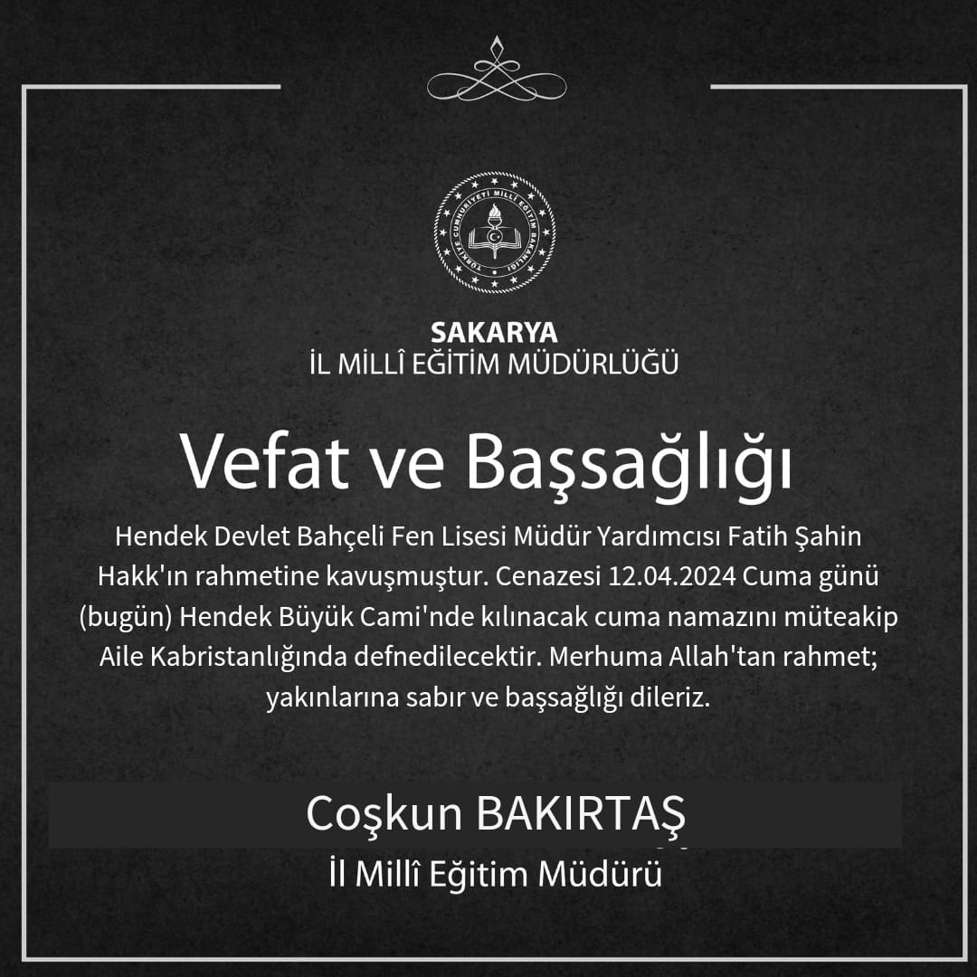 Vefat ve başsağlığı… @Yusuf__Tekin @tcmeb @ValiKaradeniz @coskunbakirtas