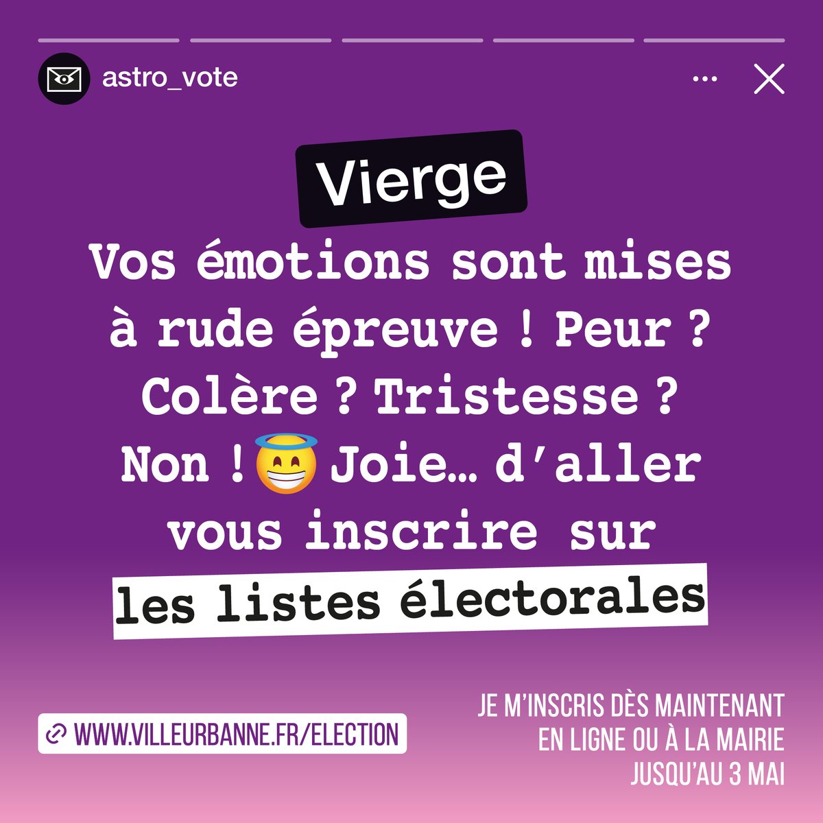 [ 𝐂𝐚𝐧𝐜𝐞𝐫, 𝐋𝐢𝐨𝐧, 𝐕𝐢𝐞𝐫𝐠𝐞 : 𝐚̀ 𝐯𝐨𝐬 𝐯𝐨𝐭𝐞𝐬 !] Pas encore inscrits sur les listes électorales ? Ca tombe bien, il vous reste 3 semaines . 😉 Pour le faire ou vérifiez si vous êtes déjà sur les listes 👉villeurbanne.fr/demarches/elec…